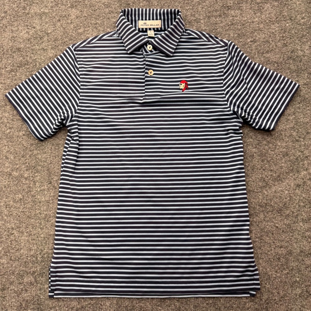 Peter Millar Kids Striped Performance Polo Shirt Navy Pirate Logo Size S 7-8